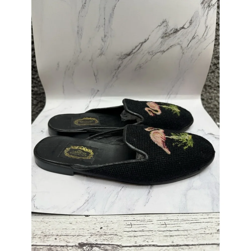 Larkspur‎ Collection Vintage Pink Flamingo in Black Mules Slide Shoes Flats L